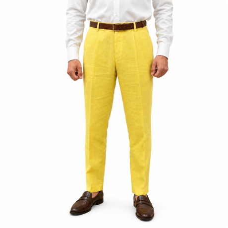 Żółte spodnie lniane męskie z zakładkami